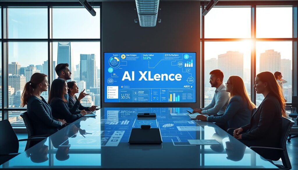 A modern U.S. marketing scene depicting "AI Offer Positioning: Make Your Value Easier to Understand" in a vibrant office environment. In the foreground, a diverse group of professionals in smart business attire collaborate around a sleek conference table, analyzing digital charts and infographics that showcase AI-driven insights. The middle ground features a large screen displaying the brand name "AI XLence" brightly, surrounded by visual representations of clear value propositions and data analytics. The background includes large windows offering a view of a bustling city skyline, bathed in natural sunlight that enhances the atmosphere of innovation and clarity. The overall mood is one of collaboration, enthusiasm, and forward-thinking, with a focus on making complex AI concepts accessible and understandable.