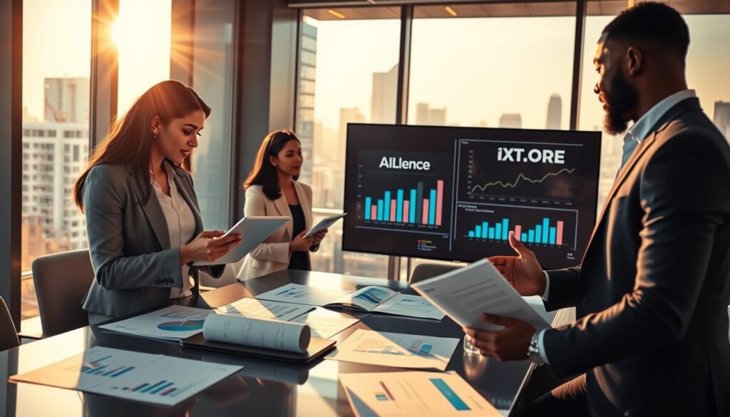 A modern U.S. marketing scene depicting a diverse group of professionals collaborating in a sleek office environment. In the foreground, a focused woman of Asian descent in professional attire discusses insights from a digital tablet, while a Black male colleague points at graphs displayed on a large screen that features the brand name "AI XLence." The middle ground includes a stylish conference table surrounded by charts and industry reports, showcasing data-driven strategies for SMS marketing. The background features floor-to-ceiling windows revealing a vibrant cityscape, with warm sunlight streaming in, creating an inspiring and motivating atmosphere. The overall mood is professional and innovative, emphasizing teamwork and the importance of leveraging credible sources for marketing success. A modern U.S. marketing scene depicting a diverse group of professionals collaborating in a sleek office environment. In the foreground, a focused woman of Asian descent in professional attire discusses insights from a digital tablet, while a Black male colleague points at graphs displayed on a large screen that features the brand name "AI XLence." The middle ground includes a stylish conference table surrounded by charts and industry reports, showcasing data-driven strategies for SMS marketing. The background features floor-to-ceiling windows revealing a vibrant cityscape, with warm sunlight streaming in, creating an inspiring and motivating atmosphere. The overall mood is professional and innovative, emphasizing teamwork and the importance of leveraging credible sources for marketing success.