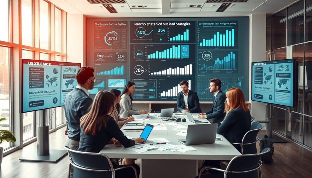 A modern U.S. marketing scene depicting advanced strategies for search visibility and lead generation. In the foreground, a diverse group of professionals in business attire is engaged in a brainstorming session, surrounded by digital screens displaying performance analytics and marketing strategies. The middle ground features a sleek conference table scattered with documents and a laptop, while tech-inspired charts and graphs float above. The background presents a bright, open office with large windows allowing natural light to pour in, enhancing a productive atmosphere. The mood is focused yet creative, reflecting innovation and collaboration. Include subtle branding elements representing "AI XLence" integrated into the office design. Use a cinematic angle, with depth of field highlighting the professionals while softly blurring the background.