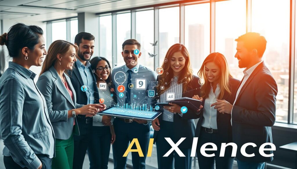 A modern U.S. marketing scene focused on "Boosting Social Media Engagement with AI." In the foreground, a diverse group of professionals in business attire are engaged in an animated discussion around a digital tablet displaying vibrant social media analytics. In the middle, an array of flowing social media icons and graphs suggests engagement, metrics, and AI insights intertwining with each other, emanating from the tablet. The background features a sleek office environment with large windows revealing a city skyline, illuminated by natural light creating a bright and inspiring atmosphere. The composition showcases a collaborative mood, highlighting teamwork and innovation. Include the brand name "AI XLence" subtly integrated into the design, emphasizing the connection between artificial intelligence and social media strategies.