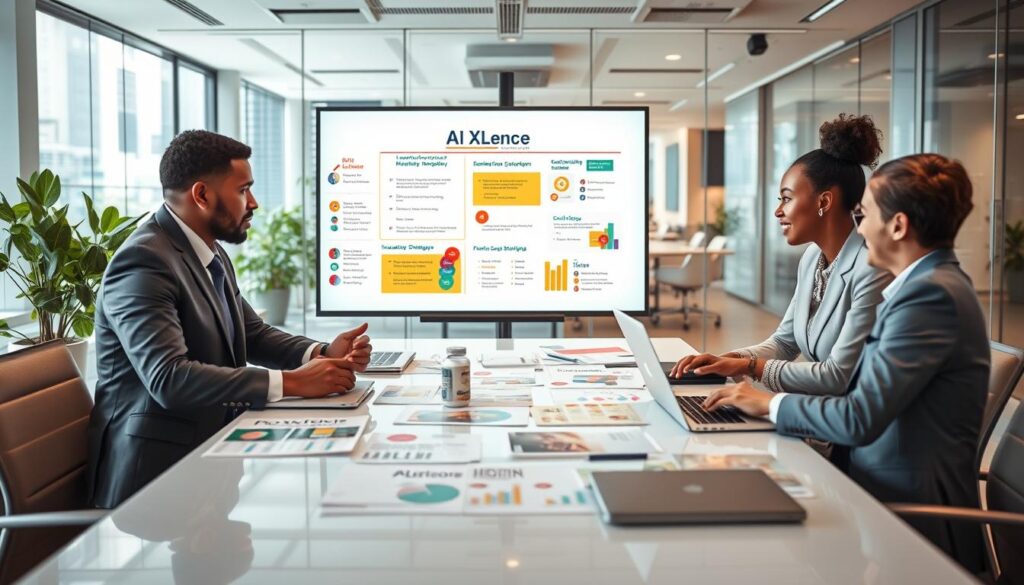 A modern U.S. marketing scene focusing on "Mastering loyalty marketing strategies." In the foreground, a diverse group of three professionals in smart business attire engaged in a brainstorming session around a sleek conference table filled with laptops, charts, and marketing materials, showcasing the brand name "AI XLence" prominently. In the middle ground, a digital whiteboard displays colorful diagrams and loyalty program statistics, as well as innovative strategies highlighted in bold colors. The background features a modern office with glass walls, greenery, and city views, emphasizing a dynamic and collaborative atmosphere. The lighting is bright and inviting, with a warm glow enhancing the professionalism of the setting. The mood conveys creativity, focus, and teamwork. A modern U.S. marketing scene focusing on "Mastering loyalty marketing strategies." In the foreground, a diverse group of three professionals in smart business attire engaged in a brainstorming session around a sleek conference table filled with laptops, charts, and marketing materials, showcasing the brand name "AI XLence" prominently. In the middle ground, a digital whiteboard displays colorful diagrams and loyalty program statistics, as well as innovative strategies highlighted in bold colors. The background features a modern office with glass walls, greenery, and city views, emphasizing a dynamic and collaborative atmosphere. The lighting is bright and inviting, with a warm glow enhancing the professionalism of the setting. The mood conveys creativity, focus, and teamwork.