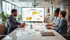 A modern U.S. marketing scene focusing on "Mastering loyalty marketing strategies." In the foreground, a diverse group of three professionals in smart business attire engaged in a brainstorming session around a sleek conference table filled with laptops, charts, and marketing materials, showcasing the brand name "AI XLence" prominently. In the middle ground, a digital whiteboard displays colorful diagrams and loyalty program statistics, as well as innovative strategies highlighted in bold colors. The background features a modern office with glass walls, greenery, and city views, emphasizing a dynamic and collaborative atmosphere. The lighting is bright and inviting, with a warm glow enhancing the professionalism of the setting. The mood conveys creativity, focus, and teamwork.