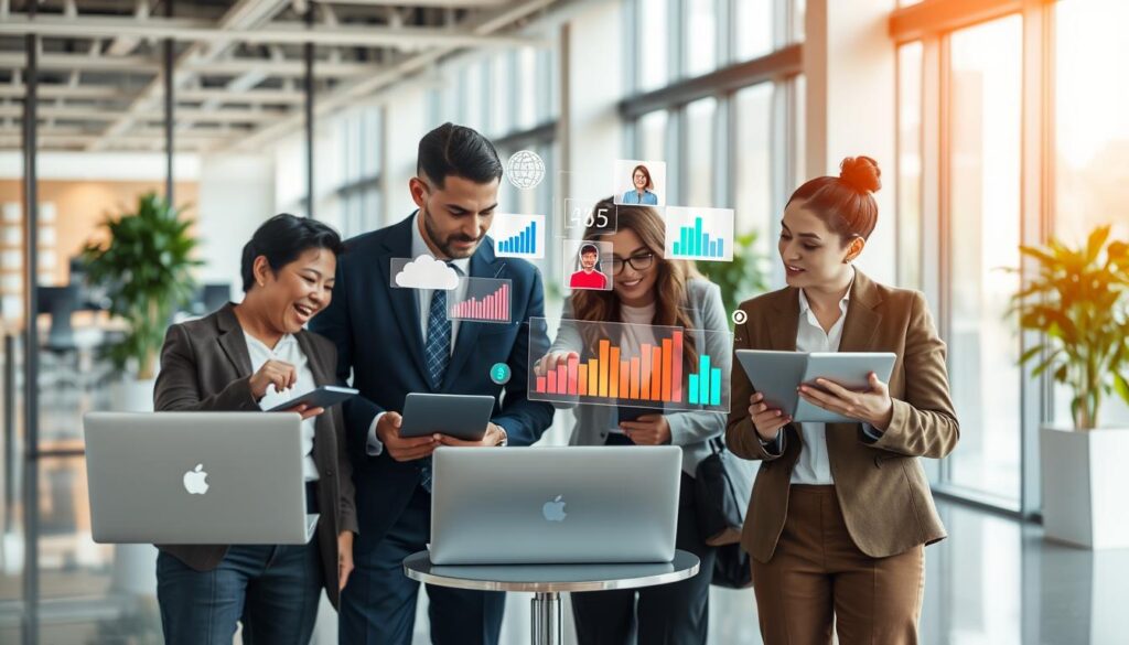 A modern U.S. marketing scene illustrating "AI audience research insights" for the brand "AI XLence". In the foreground, a diverse group of three professionals in business attire, engaged in a dynamic discussion, analyzing data on sleek laptops and digital tablets. In the middle, visual representations of data analytics—including graphs, charts, and buyer personas—hover around them, depicted in vibrant colors to convey energy and engagement. The background features a contemporary office environment with large windows allowing natural light to stream in, creating a bright and open atmosphere. Use a wide-angle lens to capture the depth of the scene. The overall mood should be collaborative and innovative, reflecting the cutting-edge nature of AI research in understanding buyer interests.