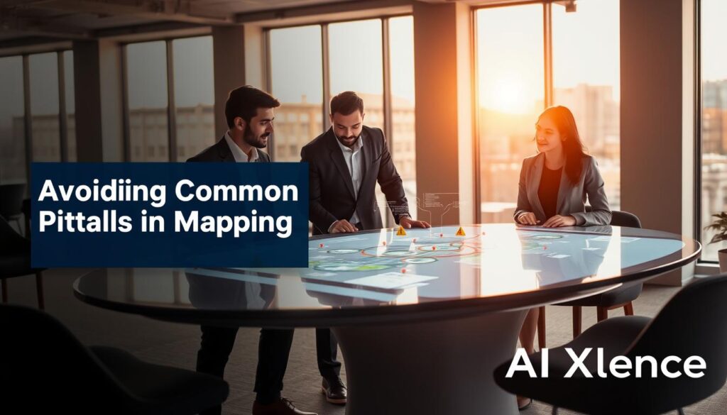 A modern U.S. marketing scene illustrating "Avoiding Common Pitfalls in AI Mapping". In the foreground, a diverse group of three professionals in business attire gathered around a sleek, oval table, attentively reviewing a large digital map displayed on a screen. The two men and one woman, of different ethnic backgrounds, represent collaboration and inclusivity in AI strategy. In the middle, visual elements include flowcharts and diagrams that depict various customer journey stages, subtly marked with caution symbols to indicate pitfalls. The background shows a contemporary office with large windows allowing warm, natural light to filter in, creating an optimistic atmosphere. The overall composition conveys a sense of focus, teamwork, and strategic planning, with the brand name "AI XLence" subtly integrated into the design.