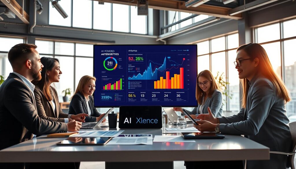 A modern U.S. marketing scene illustrating "Leveraging AI for Advanced Digital Product Marketing". In the foreground, a diverse group of four professionals, dressed in smart business attire, are engaged in a collaborative brainstorming session around a sleek table filled with digital devices and charts showcasing AI analytics. The middle ground features a large screen displaying a dynamic AI-powered marketing dashboard with key performance indicators and strategies in vibrant colors. In the background, a bright, open office space with large windows flooding the scene with natural light, creating an energetic atmosphere. Soft shadows enhance depth, and the focus is sharp, resembling a wide-angle lens shot. The brand name "AI XLence" is artistically incorporated into the dashboard visuals without text overlays. The overall mood conveys innovation, collaboration, and futuristic marketing strategies.