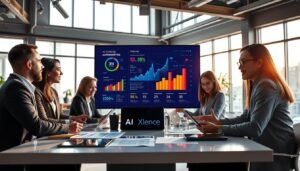 A modern U.S. marketing scene illustrating "Leveraging AI for Advanced Digital Product Marketing". In the foreground, a diverse group of four professionals, dressed in smart business attire, are engaged in a collaborative brainstorming session around a sleek table filled with digital devices and charts showcasing AI analytics. The middle ground features a large screen displaying a dynamic AI-powered marketing dashboard with key performance indicators and strategies in vibrant colors. In the background, a bright, open office space with large windows flooding the scene with natural light, creating an energetic atmosphere. Soft shadows enhance depth, and the focus is sharp, resembling a wide-angle lens shot. The brand name "AI XLence" is artistically incorporated into the dashboard visuals without text overlays. The overall mood conveys innovation, collaboration, and futuristic marketing strategies.