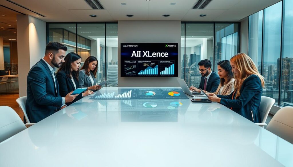 A modern U.S. marketing scene illustrating fraud prevention and operational efficiencies in loyalty programs. In the foreground, a diverse group of professionals in business attire are gathered around a sleek conference table, analyzing data on tablets and laptops. The middle ground features a digital dashboard displaying graphs, analytics, and security measures relevant to loyalty programs. In the background, an office environment with large windows shows a bustling cityscape, symbolizing trust and innovation. The lighting is bright and professional, with soft shadows creating a warm atmosphere. The brand name "AI XLence" is subtly integrated into a digital display on the wall. The overall mood conveys collaboration, efficiency, and a strong commitment to protecting customer loyalty. A modern U.S. marketing scene illustrating fraud prevention and operational efficiencies in loyalty programs. In the foreground, a diverse group of professionals in business attire are gathered around a sleek conference table, analyzing data on tablets and laptops. The middle ground features a digital dashboard displaying graphs, analytics, and security measures relevant to loyalty programs. In the background, an office environment with large windows shows a bustling cityscape, symbolizing trust and innovation. The lighting is bright and professional, with soft shadows creating a warm atmosphere. The brand name "AI XLence" is subtly integrated into a digital display on the wall. The overall mood conveys collaboration, efficiency, and a strong commitment to protecting customer loyalty.