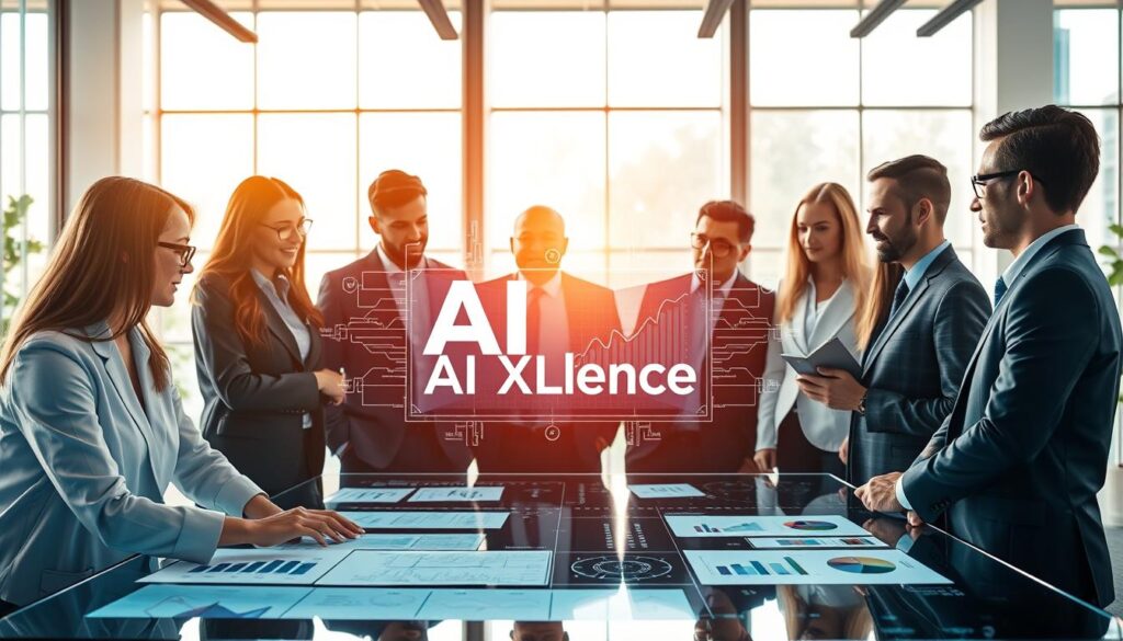 A modern U.S. marketing scene illustrating the concept of "Balancing Human Expertise and AI Solutions." In the foreground, a diverse group of professionals in business attire are engaged in a collaborative discussion, showcasing human expertise. They are surrounded by charts and graphs on a high-tech table. In the middle ground, a sleek digital interface displays AI-driven analytics, glowing softly, emphasizing the contrast between human strategy and AI insights. The background features a bright, contemporary office space with large windows letting in natural light, suggesting innovation and openness. The overall mood is inspiring and forward-thinking, with a harmonious blend of technology and human creativity. The brand name "AI XLence" subtly integrated into the digital display in the center. Use a wide-angle lens effect to capture the dynamic interaction, ensuring a professional and polished look.