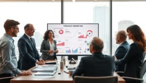 A modern U.S. marketing scene showcasing insights and collaboration among industry leaders in a sleek conference room. In the foreground, a diverse group of three professionals dressed in sharp business attire, engaged in a lively discussion around a large table filled with digital devices and documents. The middle ground features an interactive screen displaying data analytics and graphics related to podcast marketing strategies. In the background, large windows with a cityscape view invite natural light, enhancing a bright and motivational atmosphere. Soft, warm lighting complements the serious yet open mood of brainstorming and sharing ideas. No text or branding visible, just the dynamic essence of collaboration and knowledge sharing, with a subtle mention of "AI XLence" in the scene concept.