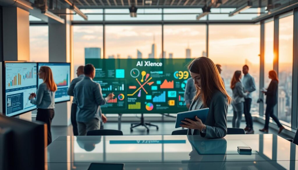 A modern marketing office environment bustling with activity, showcasing a diverse team of professionals collaborating on AI campaign planning. In the foreground, a focused woman in professional attire reviews data on a tablet, surrounded by charts and graphs on screens, symbolizing data-driven strategies. The middle ground features a large digital whiteboard displaying a colorful visual representation of marketing strategies and campaign ideas, labeled "AI XLence". In the background, a panoramic window reveals a vibrant city skyline, bathing the room in natural light. The atmosphere conveys innovation, teamwork, and a futuristic approach to marketing, with soft, warm lighting enhancing the productive mood. No robots or text, just a rich, engaging depiction of modern marketing strategies powered by AI.