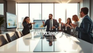 A modern marketing office scene bustling with energy, showcasing a diverse group of professionals collaborating around a sleek conference table. The foreground features a confident woman in smart business attire pointing at a digital screen displaying graphs and concepts for an “AI USP Generator.” In the middle, a man in a tailored suit takes notes, while another colleague in smart casual clothing gestures enthusiastically. The background offers large windows with a city skyline view, bright natural light spilling into the room. The atmosphere is dynamic yet focused, capturing the essence of innovation and teamwork. The brand name "AI XLence" subtly incorporated into the digital display, enhancing the visual theme of AI-driven marketing strategies. Soft lighting highlights the modern design elements of the office, creating a professional yet inviting mood.