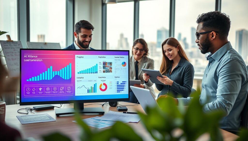 A modern marketing office setting, featuring a diverse group of three professionals in business attire analyzing data on sleek laptops and digital tablets. In the foreground, focus on a vibrant, colorful screen displaying AI analytics graphs and lead generation metrics labeled with "AI XLence". The middle ground shows a brainstorming area with whiteboards filled with diagrams and notes. In the background, large windows let in natural light, revealing a bustling city skyline, enhancing a feeling of innovation and connectivity. Use soft, ambient lighting to create a warm, inviting atmosphere, with a slight depth of field effect to emphasize the foreground. The room should convey a sense of collaboration and forward-thinking in the realm of AI-driven marketing strategies.