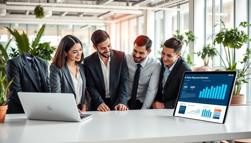 A modern marketing office setting filled with professionals engaging in discussions about AI review response generators. In the foreground, a diverse group of four colleagues in smart business attire—two women and two men—are analyzing graphs and charts displayed on a sleek laptop. The middle section features an infographic illustrating key features of effective review response generators, such as user-friendliness, customization options, and data analytics. The background displays a bright, open office filled with plants and glass walls, providing a sense of collaboration and innovation. Soft, natural light streams in, creating a warm and inviting atmosphere. The brand name "AI XLence" subtly integrated into the laptop screen design, enhancing the professional feel without interrupting the overall composition.
