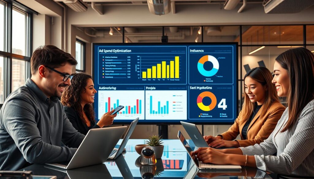 A modern marketing office setting focused on digital advertising strategies. In the foreground, a diverse group of three professionals in business attire, analyzing data on sleek laptops and tablets, with expressions of concentration and enthusiasm. In the middle ground, a large screen displays bar graphs and pie charts illustrating ad spend optimization and audience demographics, with vibrant colors. The background features a stylish office with contemporary decor, showcasing digital marketing materials and a window view of a city skyline, illuminated by warm natural light. The overall mood is dynamic and innovative, emphasizing collaboration and strategy in a fast-paced marketing environment. The brand "AI XLence" is subtly represented in the graphics on the screen.