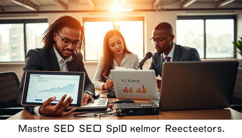 A modern marketing scene featuring a diverse group of three professionals, focused on mastering SEO and keyword research for podcasts. In the foreground, one person is analyzing a digital tablet displaying podcast analytics, while another takes notes on a notepad, dressed in professional business attire. The middle ground includes a sleek conference table cluttered with laptops, audio equipment, and marketing charts illustrating podcast growth strategies. The background showcases a warm, inviting office space with large windows providing soft natural light, illuminating the environment with a bright, productive atmosphere. Subtle branding elements featuring "AI XLence" are visible on the laptops, enhancing the contemporary marketing theme. The overall mood is dynamic and collaborative, emphasizing creativity and innovation in podcast marketing. A modern marketing scene featuring a diverse group of three professionals, focused on mastering SEO and keyword research for podcasts. In the foreground, one person is analyzing a digital tablet displaying podcast analytics, while another takes notes on a notepad, dressed in professional business attire. The middle ground includes a sleek conference table cluttered with laptops, audio equipment, and marketing charts illustrating podcast growth strategies. The background showcases a warm, inviting office space with large windows providing soft natural light, illuminating the environment with a bright, productive atmosphere. Subtle branding elements featuring "AI XLence" are visible on the laptops, enhancing the contemporary marketing theme. The overall mood is dynamic and collaborative, emphasizing creativity and innovation in podcast marketing.