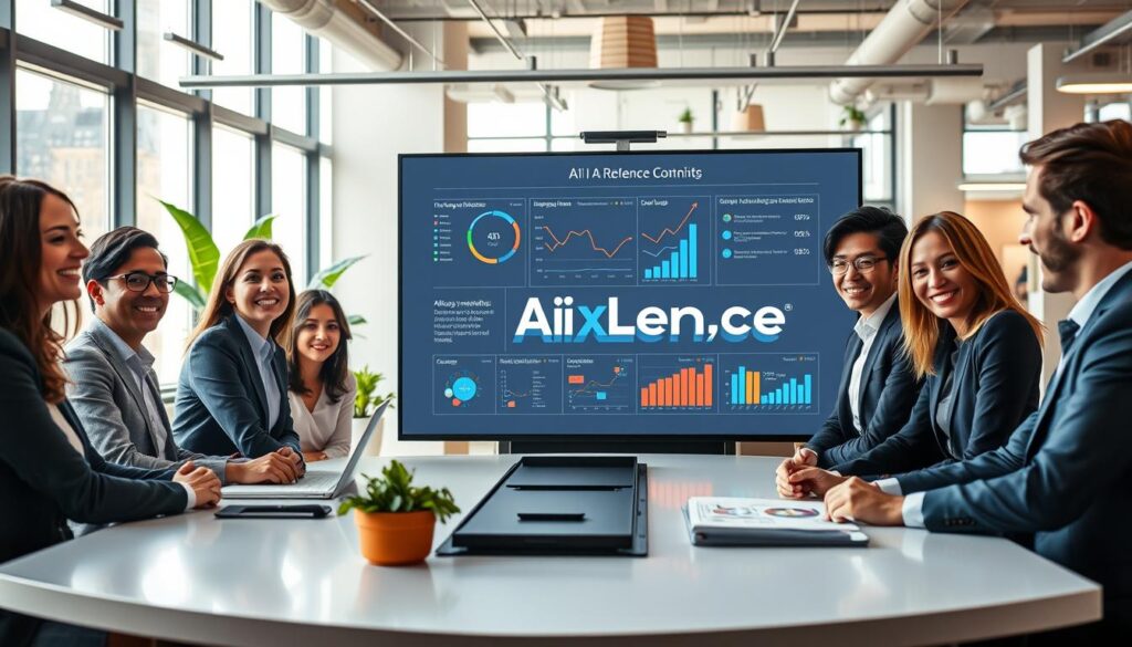 A modern marketing scene illustrating "AI Referral Marketing: Turn Happy Customers Into Better Leads." In the foreground, a diverse group of smiling professionals in business attire, engaging in a dynamic discussion around a sleek conference table, showcasing enthusiasm and collaboration. In the middle ground, a large digital screen displaying graphs and analytics related to AI-driven referrals, emanating a sense of innovation and trust. In the background, an open office environment with large windows allowing natural light to flood in, creating a warm and inviting atmosphere. The overall mood is vibrant and forward-thinking, emphasizing the transformative power of AI in marketing. Include elements like plants and modern decor to enhance the professionalism of the space. The brand name "AI XLence" subtly integrated into the digital screen design.