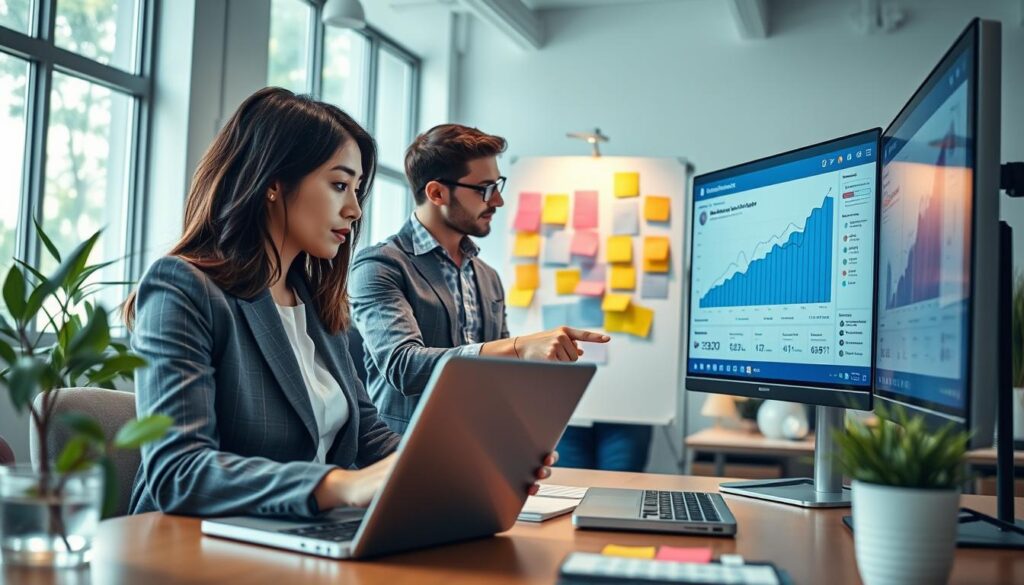 A modern marketing scene in a bright, well-designed office environment, focusing on a diverse team of professionals collaborating on Facebook ad strategies. In the foreground, a focused woman in professional business attire analyzes data on a laptop, while a man in modest casual clothing points to a graph on a screen displaying AI-driven metrics. In the middle, a brainstorming session is visible, with colorful sticky notes and charts outlining campaign strategies. The background features a large window with natural light pouring in, giving a vibrant, energetic mood to the scene. Subtle accents of the brand "AI XLence" appear in the decor, symbolizing innovation. The image captures a sense of teamwork and the transformative power of AI techniques in marketing, emphasizing performance and conversions. A modern marketing scene in a bright, well-designed office environment, focusing on a diverse team of professionals collaborating on Facebook ad strategies. In the foreground, a focused woman in professional business attire analyzes data on a laptop, while a man in modest casual clothing points to a graph on a screen displaying AI-driven metrics. In the middle, a brainstorming session is visible, with colorful sticky notes and charts outlining campaign strategies. The background features a large window with natural light pouring in, giving a vibrant, energetic mood to the scene. Subtle accents of the brand "AI XLence" appear in the decor, symbolizing innovation. The image captures a sense of teamwork and the transformative power of AI techniques in marketing, emphasizing performance and conversions.