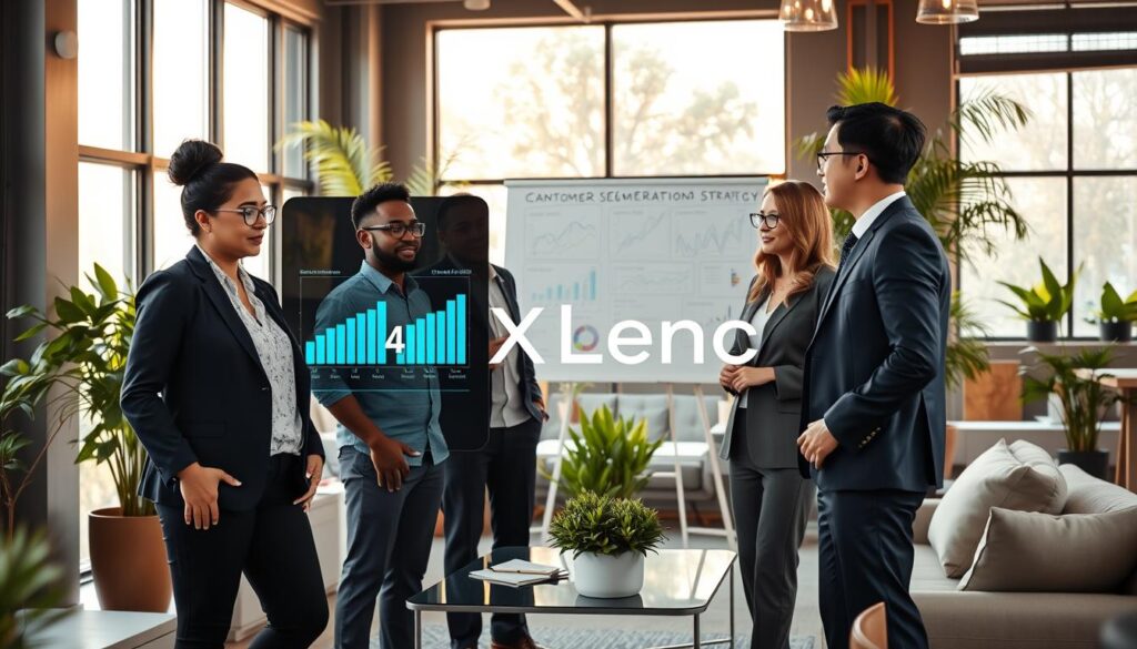 A modern marketing team collaborating on an AI customer segmentation strategy in a bright, open office environment. In the foreground, a diverse group of four professionals—a Hispanic woman in a blazer, a Black man in a smart-casual shirt, a Caucasian woman wearing glasses, and an Asian man in a tailored suit—are engaged in a discussion around a large digital display showing graphs and segmented customer data. The middle ground features sleek modern furniture and a whiteboard filled with charts and ideas, surrounded by lush greenery. In the background, large windows let in warm sunlight, creating an inviting atmosphere. An overall tone of innovation and teamwork is emphasized. Brand name "AI XLence" subtly represented in a stylish, modern digital format on the display.