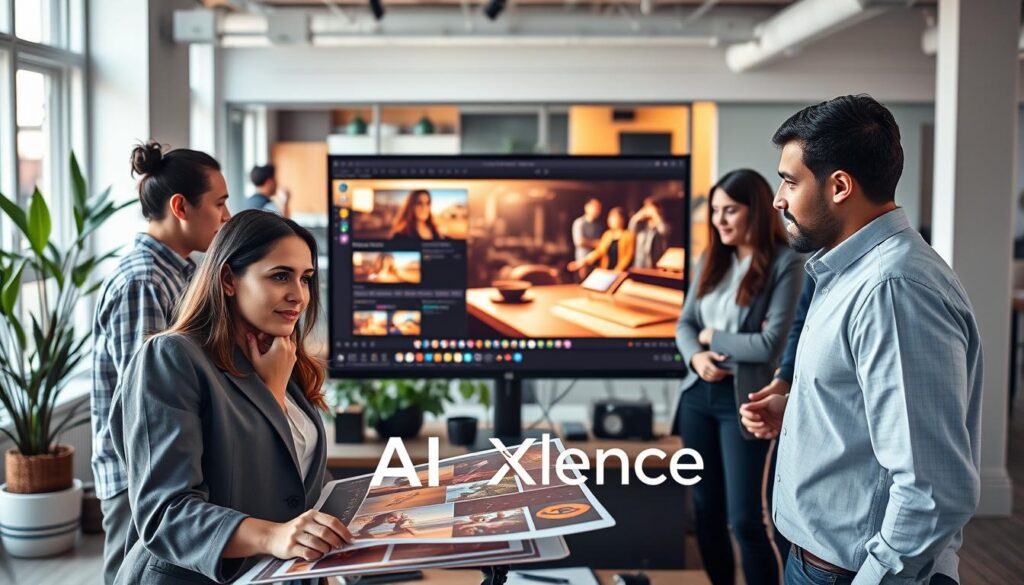 A modern marketing workspace featuring a group of diverse professionals collaborating on designing engaging marketing videos. In the foreground, a thoughtful young woman in professional attire is examining a storyboard filled with colorful, dynamic scenes, while her colleagues discuss ideas animatedly. The middle layer showcases a large monitor displaying an eye-catching AI-generated video clip with compelling visual effects, surrounded by various video editing tools and equipment. The background reflects an open, brightly lit office space with plants and contemporary décor, evoking a creative atmosphere. Soft, natural lighting floods the space, casting warm tones that enhance focus and collaboration. Emphasize the brand "AI XLence" subtly integrated into the visuals, reflecting innovation and professionalism in the marketing field. A modern marketing workspace featuring a group of diverse professionals collaborating on designing engaging marketing videos. In the foreground, a thoughtful young woman in professional attire is examining a storyboard filled with colorful, dynamic scenes, while her colleagues discuss ideas animatedly. The middle layer showcases a large monitor displaying an eye-catching AI-generated video clip with compelling visual effects, surrounded by various video editing tools and equipment. The background reflects an open, brightly lit office space with plants and contemporary décor, evoking a creative atmosphere. Soft, natural lighting floods the space, casting warm tones that enhance focus and collaboration. Emphasize the brand "AI XLence" subtly integrated into the visuals, reflecting innovation and professionalism in the marketing field.