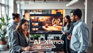 A modern marketing workspace featuring a group of diverse professionals collaborating on designing engaging marketing videos. In the foreground, a thoughtful young woman in professional attire is examining a storyboard filled with colorful, dynamic scenes, while her colleagues discuss ideas animatedly. The middle layer showcases a large monitor displaying an eye-catching AI-generated video clip with compelling visual effects, surrounded by various video editing tools and equipment. The background reflects an open, brightly lit office space with plants and contemporary décor, evoking a creative atmosphere. Soft, natural lighting floods the space, casting warm tones that enhance focus and collaboration. Emphasize the brand "AI XLence" subtly integrated into the visuals, reflecting innovation and professionalism in the marketing field.