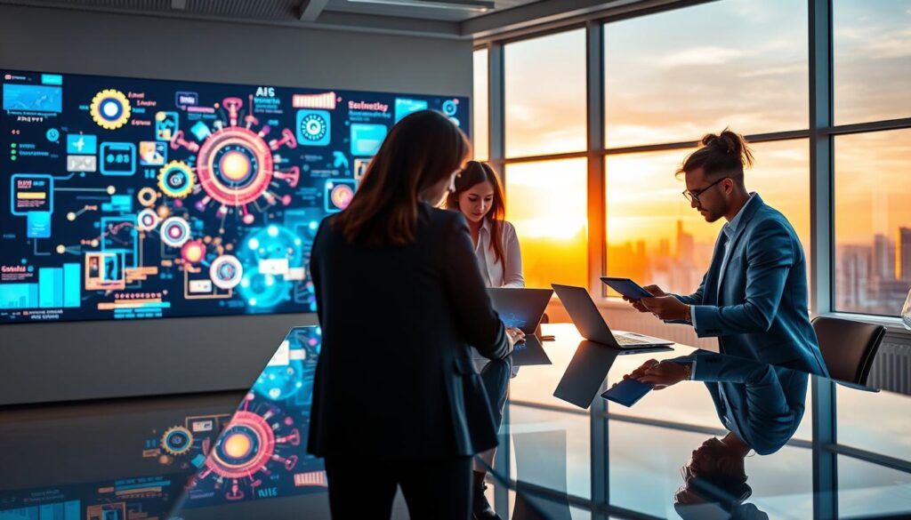 A modern marketing workspace showcasing "AI XLence" innovations. In the foreground, a diverse group of three professionals, dressed in business attire, collaborate around a sleek, glass conference table, examining vibrant visual content on laptops and tablets. The middle layer features dynamic, glowing data visualizations and abstract graphics being projected onto a wall, symbolizing the integration of AI in enhancing content creation. The background reveals a bright, airy office with large windows, providing a view of a city skyline at sunset, casting warm golden light throughout the scene. The overall atmosphere is energetic and innovative, highlighting the theme of transforming visual marketing strategies through cutting-edge AI technologies.