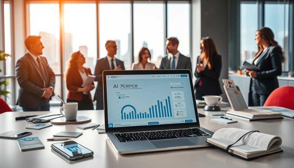 A modern office environment illustrating effective tools for AI-driven LinkedIn marketing. In the foreground, a sleek laptop displays the "AI XLence" branding with graphs and analytics on its screen. Scattered around are marketing tools such as a smartphone with LinkedIn app open, business cards, and a notepad filled with innovative ideas. In the middle ground, a diverse group of professionals in business attire engage in animated discussion, emphasizing collaboration and authority. The background features a large window showcasing a cityscape, symbolizing success and growth. The lighting is bright and vibrant, creating an optimistic atmosphere. The scene is captured with a clean, wide-angle lens, emphasizing a dynamic workspace focused on strategic marketing. The overall mood promotes professionalism and innovation in the marketing landscape.