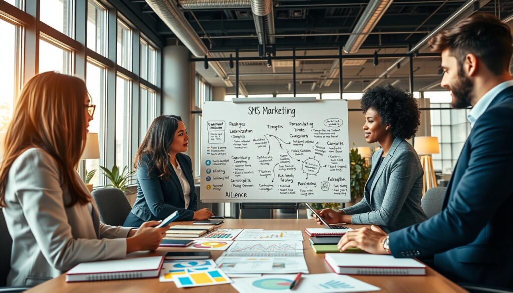 A modern office environment showcases a collaborative team discussing SMS marketing strategies. In the foreground, a diverse group of three professionals, dressed in smart business attire, are gathered around a table filled with colorful charts, mobile devices, and notebooks titled "AI XLence." The middle of the scene features a whiteboard with hand-drawn diagrams and bullet points illustrating tips for effective SMS marketing, like personalization, timing, and concise messaging. The background displays large windows allowing warm natural light to filter in, creating an inviting atmosphere. The overall mood is vibrant and focused, emphasizing teamwork and innovation in marketing strategies, without any text or digital distractions. A modern office environment showcases a collaborative team discussing SMS marketing strategies. In the foreground, a diverse group of three professionals, dressed in smart business attire, are gathered around a table filled with colorful charts, mobile devices, and notebooks titled "AI XLence." The middle of the scene features a whiteboard with hand-drawn diagrams and bullet points illustrating tips for effective SMS marketing, like personalization, timing, and concise messaging. The background displays large windows allowing warm natural light to filter in, creating an inviting atmosphere. The overall mood is vibrant and focused, emphasizing teamwork and innovation in marketing strategies, without any text or digital distractions.