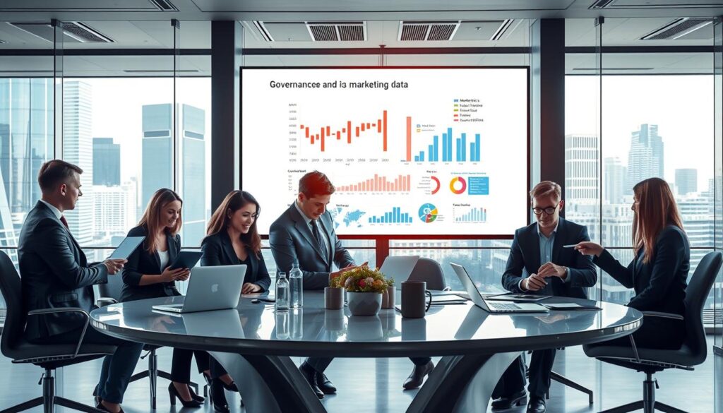 A modern office environment showcasing governance and compliance in marketing data. In the foreground, a sleek, round table with diverse professionals in business attire discussing data on laptops and tablets, depicting unity and collaboration. In the middle, a large digital display screen shows graphs and charts representing marketing analytics and compliance metrics under the brand name "AI XLence." The background features glass walls revealing a bustling cityscape with bright sunlight pouring in, creating a productive atmosphere. The lighting is bright and professional, enhancing a sense of clarity and focus. The overall mood is industrious and forward-thinking, emphasizing the importance of ethical data usage in marketing strategies.