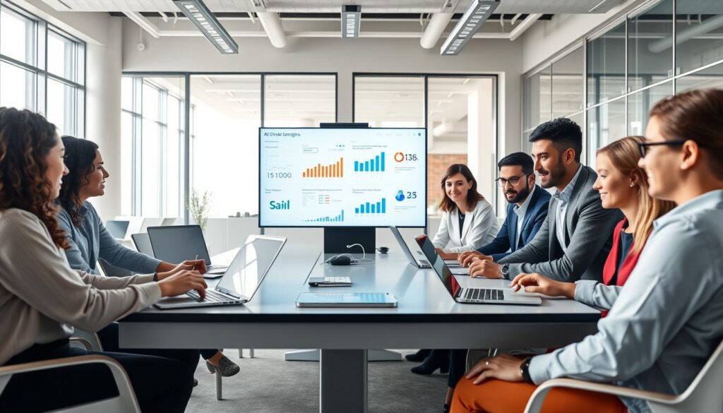 A modern office scene showcasing a diverse group of professionals collaborating on optimizing cold email campaigns using advanced AI tools. In the foreground, a multi-ethnic team, dressed in smart casual attire, is gathered around a sleek table scattered with laptops and digital devices displaying charts and analytics. In the middle, a large screen features visualizations of email metrics and AI-driven insights. The background highlights a bright office environment with large windows allowing natural light to flood in, providing an open atmosphere. The mood is focused and dynamic, emphasizing teamwork and innovation. The brand name "AI XLence" is subtly integrated into the design elements of the workspace. The angle captures the group from a slight overhead perspective, enhancing the collaborative energy of the scene.