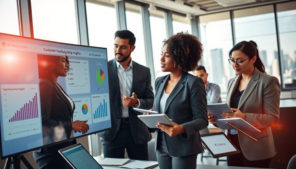A modern office setting featuring a diverse group of professionals analyzing customer feedback data on digital devices. In the foreground, a group of three individuals—one Black woman in professional attire, one Hispanic man in business casual, and one Asian woman in a smart blazer—are engaged in discussion over a large screen displaying data visualizations related to review mining insights, such as graphs and pie charts. In the middle ground, other coworkers are sorting feedback and conducting strategy sessions, surrounded by notes and digital tablets featuring the brand name "AI XLence." The background captures a bright, airy office with floor-to-ceiling windows showing a city skyline, suggesting a productive and innovative atmosphere. The lighting is warm and inviting, with a slight lens flare to enhance the sense of collaboration and creativity.