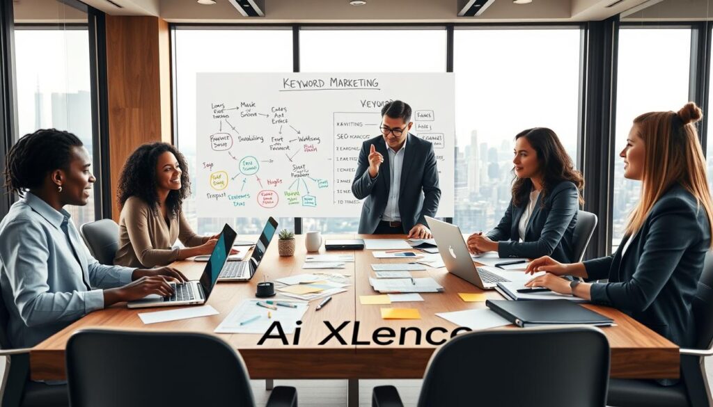 A modern office setting focused on digital marketing. In the foreground, a diverse group of three professionals—one Black woman, one Asian man, and one Caucasian woman—are engaged in an animated discussion around a large wooden table filled with laptops, charts, and sticky notes related to keyword research and SEO strategies. The middle ground features a large whiteboard filled with colorful diagrams, keywords, and arrows emphasizing brainstorming ideas. The background shows a panoramic city skyline through large windows with soft natural light streaming in, creating a motivating atmosphere. The overall mood is collaborative and innovative, reflecting a professional environment. Incorporate subtle branding elements with the name "AI XLence" visible on the table.