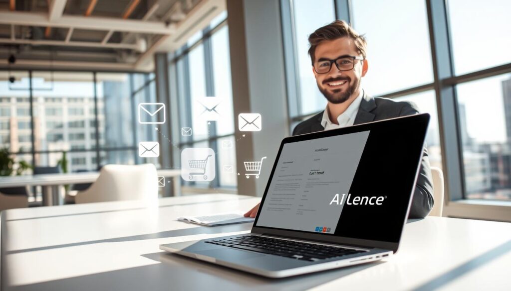 A modern office setting illustrating the concept of "AI Abandoned Cart Emails" in an engaging way. In the foreground, a professional business person, dressed in smart casual attire, is seated at a sleek desk with a laptop open, displaying a sample email draft. Bright, natural sunlight filters through large windows, casting soft shadows across the workspace. In the middle, a clear view of several digital marketing elements like shopping carts and email icons subtly integrated into the scene, hinting at online shopping. The background shows a vibrant cityscape through the windows, emphasizing a bustling marketing environment. The color palette is fresh and inviting, conveying an optimistic and proactive atmosphere. The brand name "AI XLence" is incorporated into the laptop's screen design.