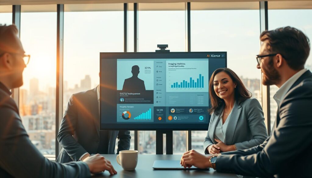 A modern office setting in the foreground with a diverse group of four professionals in stylish business attire reviewing a digital presentation on a large screen. The middle layer shows a virtual meeting interface with engaging webinar statistics and follow-up strategies depicted visually, such as graphs and charts. In the background, there's a large window revealing a bustling cityscape, with sunlight streaming in, creating a bright and dynamic atmosphere. Soft, warm lighting illuminates the scene to enhance the collaborative mood. The overall feeling should convey professionalism, engagement, and innovation, highlighting the brand name "AI XLence" as part of the digital content displayed on the screen. The composition should be balanced and inviting, emphasizing teamwork in marketing follow-up strategies.