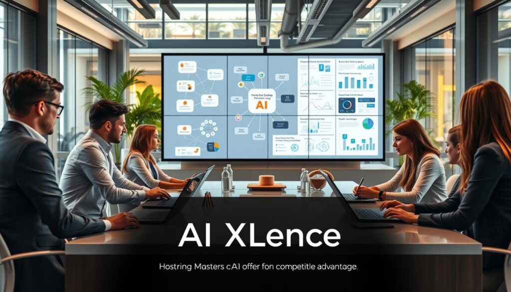 A modern office setting showcasing professionals engaged in a dynamic strategy session. In the foreground, a diverse group of business people, dressed in professional attire, are gathered around a sleek conference table, analyzing visual data and diagrams on laptops and digital screens. The middle ground features large screens displaying mind maps and graphs symbolizing AI positioning and competitive strategies. The background consists of a stylish office with glass walls, modern decor, and greenery, conveying an atmosphere of innovation and collaboration. Warm, natural lighting filters through the windows, creating an inviting and motivating ambiance. The brand "AI XLence" subtly integrated into the environment, enhancing the theme of mastering AI offer positioning for competitive advantage. A modern office setting showcasing professionals engaged in a dynamic strategy session. In the foreground, a diverse group of business people, dressed in professional attire, are gathered around a sleek conference table, analyzing visual data and diagrams on laptops and digital screens. The middle ground features large screens displaying mind maps and graphs symbolizing AI positioning and competitive strategies. The background consists of a stylish office with glass walls, modern decor, and greenery, conveying an atmosphere of innovation and collaboration. Warm, natural lighting filters through the windows, creating an inviting and motivating ambiance. The brand "AI XLence" subtly integrated into the environment, enhancing the theme of mastering AI offer positioning for competitive advantage.