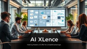 A modern office setting showcasing professionals engaged in a dynamic strategy session. In the foreground, a diverse group of business people, dressed in professional attire, are gathered around a sleek conference table, analyzing visual data and diagrams on laptops and digital screens. The middle ground features large screens displaying mind maps and graphs symbolizing AI positioning and competitive strategies. The background consists of a stylish office with glass walls, modern decor, and greenery, conveying an atmosphere of innovation and collaboration. Warm, natural lighting filters through the windows, creating an inviting and motivating ambiance. The brand "AI XLence" subtly integrated into the environment, enhancing the theme of mastering AI offer positioning for competitive advantage.