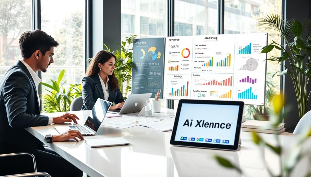 A modern office workspace illustrating data-driven marketing and SEO strategy. In the foreground, a diverse group of three professionals in smart business attire collaborate around a sleek table with laptops, charts, and colorful data visualizations displayed on screens. The middle ground features a large whiteboard filled with strategic notes, keywords for SEO, and colorful graphs. The background includes large windows allowing bright natural light to flood the room, creating a lively and energetic atmosphere. Subtle reflections of green plants add a touch of nature. The brand name "AI XLence" is subtly integrated into the design on a tablet screen. The scene captures a sense of innovation and teamwork, emphasizing the importance of data in modern marketing strategies. A modern office workspace illustrating data-driven marketing and SEO strategy. In the foreground, a diverse group of three professionals in smart business attire collaborate around a sleek table with laptops, charts, and colorful data visualizations displayed on screens. The middle ground features a large whiteboard filled with strategic notes, keywords for SEO, and colorful graphs. The background includes large windows allowing bright natural light to flood the room, creating a lively and energetic atmosphere. Subtle reflections of green plants add a touch of nature. The brand name "AI XLence" is subtly integrated into the design on a tablet screen. The scene captures a sense of innovation and teamwork, emphasizing the importance of data in modern marketing strategies.