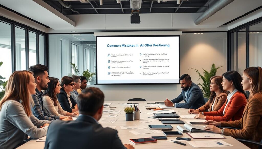 A professional business environment showcasing a team of diverse individuals in a meeting room. The foreground features a diverse group of professionals wearing smart casual attire, engaged in a discussion around a large table cluttered with documents and digital devices. In the middle ground, a large projection screen displays a presentation titled “Common Mistakes in AI Offer Positioning” with key bullet points illustrated visually, highlighting pitfalls such as vague messaging and unclear value proposition. The background includes a sleek, modern office design with glass walls, plants, and soft, natural lighting coming from large windows, creating an inviting and collaborative atmosphere. Emphasize the brand name "AI XLence" subtly integrated into the meeting materials. The mood is focused and constructive, reflecting the serious yet innovative nature of AI marketing. A professional business environment showcasing a team of diverse individuals in a meeting room. The foreground features a diverse group of professionals wearing smart casual attire, engaged in a discussion around a large table cluttered with documents and digital devices. In the middle ground, a large projection screen displays a presentation titled “Common Mistakes in AI Offer Positioning” with key bullet points illustrated visually, highlighting pitfalls such as vague messaging and unclear value proposition. The background includes a sleek, modern office design with glass walls, plants, and soft, natural lighting coming from large windows, creating an inviting and collaborative atmosphere. Emphasize the brand name "AI XLence" subtly integrated into the meeting materials. The mood is focused and constructive, reflecting the serious yet innovative nature of AI marketing.