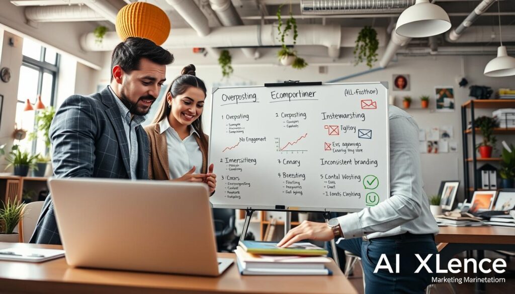 A professional marketing office environment focusing on social media strategies, showcasing common mistakes in Instagram marketing. In the foreground, a diverse group of three individuals, each in business casual attire, are analyzing graphs on a laptop, expressing concern and confusion. In the middle ground, a whiteboard filled with crossed-out social media strategies and keywords like 'overposting', 'no engagement', and 'inconsistent branding'. The background features a modern workspace with colorful decor, plants, and marketing materials scattered around. The lighting is bright and inviting, suggesting a positive yet serious atmosphere. The lens angle gives a dynamic view with the individuals in focus, while the busy office hints at the complexity of digital marketing. The brand name "AI XLence" subtly integrated into marketing materials in the background. A professional marketing office environment focusing on social media strategies, showcasing common mistakes in Instagram marketing. In the foreground, a diverse group of three individuals, each in business casual attire, are analyzing graphs on a laptop, expressing concern and confusion. In the middle ground, a whiteboard filled with crossed-out social media strategies and keywords like 'overposting', 'no engagement', and 'inconsistent branding'. The background features a modern workspace with colorful decor, plants, and marketing materials scattered around. The lighting is bright and inviting, suggesting a positive yet serious atmosphere. The lens angle gives a dynamic view with the individuals in focus, while the busy office hints at the complexity of digital marketing. The brand name "AI XLence" subtly integrated into marketing materials in the background.