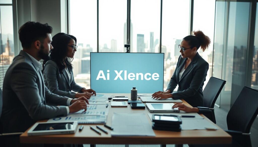 A professional marketing team in a modern U.S. office, demonstrating careful planning and strategy to avoid common mistakes in AI marketing. In the foreground, a diverse group of three professionals in smart business attire are engaged in a collaborative discussion around a table strewn with charts, graphs, and digital devices. The middle ground features a large screen displaying the brand name "AI XLence" prominently, showcasing analytics and audience insights. In the background, large windows reveal a bright, bustling city skyline, symbolizing potential market reach. Soft, natural lighting floods the room, casting a warm atmosphere that encourages innovation and teamwork, while a slight depth of field adds focus to the team’s keen expressions. A professional marketing team in a modern U.S. office, demonstrating careful planning and strategy to avoid common mistakes in AI marketing. In the foreground, a diverse group of three professionals in smart business attire are engaged in a collaborative discussion around a table strewn with charts, graphs, and digital devices. The middle ground features a large screen displaying the brand name "AI XLence" prominently, showcasing analytics and audience insights. In the background, large windows reveal a bright, bustling city skyline, symbolizing potential market reach. Soft, natural lighting floods the room, casting a warm atmosphere that encourages innovation and teamwork, while a slight depth of field adds focus to the team’s keen expressions.