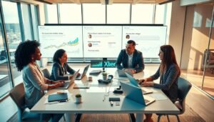 A professional office environment highlighting the concept of review mining insights. In the foreground, a diverse group of three professionals—one Black woman, one Hispanic man, and one Caucasian woman—are engaging in a discussion around a modern conference table scattered with laptops and analytics charts. In the middle, large digital screens display visualizations of customer feedback trends and positive testimonials, incorporating elements representing data analysis. The background features a sleek office space with large windows allowing natural light to flood in, creating an optimistic atmosphere. Utilize an overhead angle to capture the dynamic interaction among team members as they collaborate. The color palette should be warm and inviting, emphasizing innovation and teamwork. Subtle branding elements of "AI XLence" can be integrated into the room's décor, showcasing a modern U.S. marketing aesthetic.