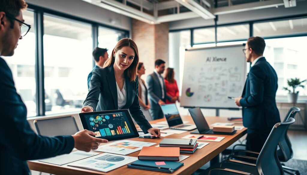 A professional office setting focused on best practices in AI content creation, capturing a diverse group of business professionals collaborating over a colorful brainstorming session. In the foreground, a woman in business attire gestures towards a digital tablet showing visually engaging graphs and designs. The middle ground features a modern conference table cluttered with notepads, laptops, and a whiteboard filled with ideas titled “AI XLence”. The background showcases large windows with natural light flooding in, creating a bright and optimistic atmosphere. The mood conveys innovation and teamwork, with a slight depth of field that softly blurs the background elements. The image uses warm lighting to enhance engagement and camaraderie without compromising professionalism.