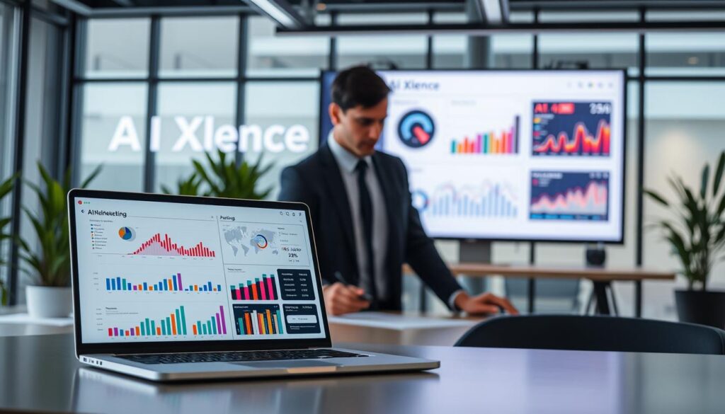 A sleek AI marketing reporting dashboard overview set in a modern office environment. In the foreground, a high-resolution laptop displays colorful graphs, charts, and metrics highlighting successful marketing campaigns, under soft, diffused lighting to create a professional atmosphere. The middle ground showcases a professional businessperson in smart attire, intently analyzing data, while a large screen behind them features the brand name "AI XLence" alongside dynamic visualizations of performance analytics. The background should depict a contemporary office space with large windows allowing natural light, minimalistic furniture, and green potted plants for a refreshing touch. The overall mood is focused and innovative, emphasizing clarity in data-driven decision-making. The image should capture the essence of harnessing AI to enhance marketing effectiveness.