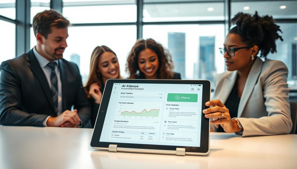 A sleek and modern office environment, featuring a diverse team of three professionals in business attire, collaborating over a digital screen displaying analytics and email templates related to AI cold email personalization tools. The foreground showcases a close-up of a tablet with an interface labeled "AI XLence," highlighting personalized outreach features. In the middle ground, team members engage in focused discussion, with expressions of concentration and enthusiasm. Soft, ambient lighting creates an inviting atmosphere, enhancing the technological feel of the scene. The background hints at a window view of a bustling cityscape, symbolizing the expansive reach of AI in marketing. The composition captures a sense of innovation and teamwork, emphasizing the effectiveness of AI in driving relevant outreach at scale.
