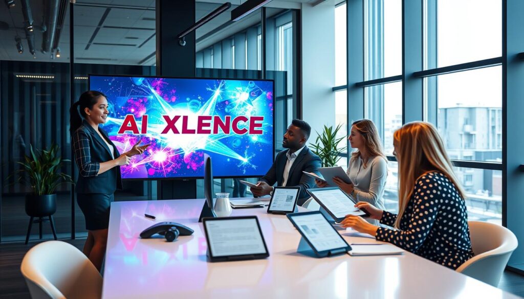 A sleek, modern office environment showcases a diverse group of professionals engaged in a dynamic brainstorming session. In the foreground, a well-dressed Asian woman presents an eye-catching ad campaign for "AI XLence" on a large digital screen, with vibrant visuals that embody creativity and innovation. In the middle ground, a group of engaged colleagues, including a Black man and a Caucasian woman, are gathered around a stylish conference table, reviewing various ad copies displayed on tablets and notepads, highlighting real-world examples of compelling ad copy. The background features floor-to-ceiling windows with natural light streaming in, creating an inspiring atmosphere. The setting conveys a sense of collaboration, creativity, and the essence of modern marketing, emphasizing the importance of impactful advertising without distractions.