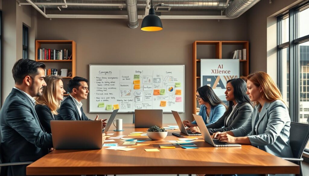A sleek, modern office setting with warm, natural lighting streaming through large windows. In the foreground, a diverse group of professionals in business attire collaborates around a table, engaged in a brainstorming session for crafting ad copy. They have laptops open, with colorful sticky notes and charts visible, showcasing concepts for high-converting ads. The middle ground features a large whiteboard filled with keywords, phrases, and strategies, highlighting effective communication techniques. The background reveals shelves lined with marketing books and a motivational poster reading "AI XLence" subtly integrated into the decor. The atmosphere is dynamic and productive, capturing the essence of innovative marketing practices. The scene's focus should be on teamwork and creativity without any text, ensuring a professional and inspiring vibe.