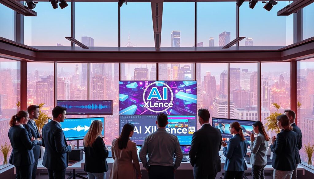 A vibrant and dynamic workspace showcasing the integration of AI tools for design, video, and audio excellence. In the foreground, a diverse group of professionals, dressed in smart business attire, collaborate over a sleek digital interface displaying the "AI XLence" brand logo. The middle ground features high-tech screens with vivid graphics, audio waveforms, and video editing software, all illuminated by soft, modern lighting that creates an inspiring atmosphere. In the background, large windows reveal a bustling urban skyline, symbolizing modern marketing. The overall mood is energetic and innovative, highlighting the seamless fusion of technology and creativity in the digital product launch landscape. The image captures the essence of a cutting-edge marketing environment, emphasizing teamwork and technological advancement without any text or distractions.