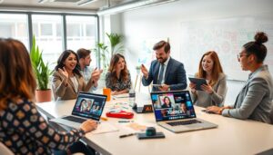A vibrant and engaging modern U.S. marketing scene showcasing a diverse group of professionals brainstorming short-form content ideas for TikTok. In the foreground, a confident woman in smart casual attire passionately presents her ideas to the group, while a man in a business suit enthusiastically takes notes on a digital tablet. In the middle, a sleek table is filled with mock-up TikTok videos, creative materials, and a laptop displaying an interface titled "AI XLence." The background features a bright, open office space with large windows letting in natural light, plants for freshness, and a whiteboard filled with colorful sketches. The atmosphere is collaborative and innovative, blending creativity and technology seamlessly. The scene conveys a sense of excitement and forward-thinking in marketing, focusing on the power of AI in content creation.