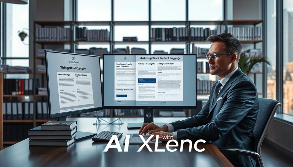 A visually striking scene in a modern U.S. office showcasing the concept of "AI sales page copy clarity." In the foreground, a confident business professional in a tailored suit sits at a sleek desk, analyzing a large monitor displaying clear, engaging sales page layout samples with streamlined copy. In the middle ground, shelves filled with marketing books and well-organized documents emphasize professionalism. The background features large windows letting in natural light, creating a bright and welcoming atmosphere, with a hint of a skyline visible outside. The overall mood is one of focus and determination, highlighting the theme of clarity and effectiveness in sales strategy. For branding, the logo "AI XLence" subtly placed on the desk, blending in without overpowering the scene.