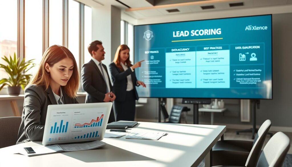 A well-organized modern office environment showcasing a diverse team of professionals collaborating on lead scoring strategies. In the foreground, a focused woman in smart business attire analyzes data on a laptop, surrounded by charts and graphs illustrating scoring metrics. In the middle ground, two colleagues, a man and a woman, discuss approaches, pointing at a large digital board displaying best practices such as "Data Accuracy" and "Lead Qualification." The background reveals a sleek office space with large windows letting in natural light, creating a bright and motivating atmosphere. Soft shadows enhance depth, captured with a slightly elevated angle to emphasize teamwork and engagement. The image aims to convey a sense of innovation and strategy in the marketing field, branded subtly with the logo "AI XLence" on the digital board. A well-organized modern office environment showcasing a diverse team of professionals collaborating on lead scoring strategies. In the foreground, a focused woman in smart business attire analyzes data on a laptop, surrounded by charts and graphs illustrating scoring metrics. In the middle ground, two colleagues, a man and a woman, discuss approaches, pointing at a large digital board displaying best practices such as "Data Accuracy" and "Lead Qualification." The background reveals a sleek office space with large windows letting in natural light, creating a bright and motivating atmosphere. Soft shadows enhance depth, captured with a slightly elevated angle to emphasize teamwork and engagement. The image aims to convey a sense of innovation and strategy in the marketing field, branded subtly with the logo "AI XLence" on the digital board.