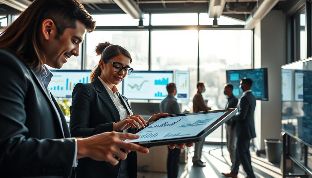 An office scene illustrating real-world applications of AI in market research for small businesses. In the foreground, a diverse group of professionals, dressed in smart business attire, are collaborating over a large digital tablet displaying analytics and graphs, with the brand name "AI XLence" subtly visible. In the middle ground, a modern workspace features AI data visualizations on multiple screens, showcasing charts and customer insights. The background has large windows with natural light streaming in, casting soft shadows, creating a productive atmosphere. The mood is focused and innovative, reflecting the dynamic interplay between technology and human decision-making in market research. The perspective is slightly elevated, capturing the bustling engagement of the team as they explore the impacts of AI on understanding buyers faster.